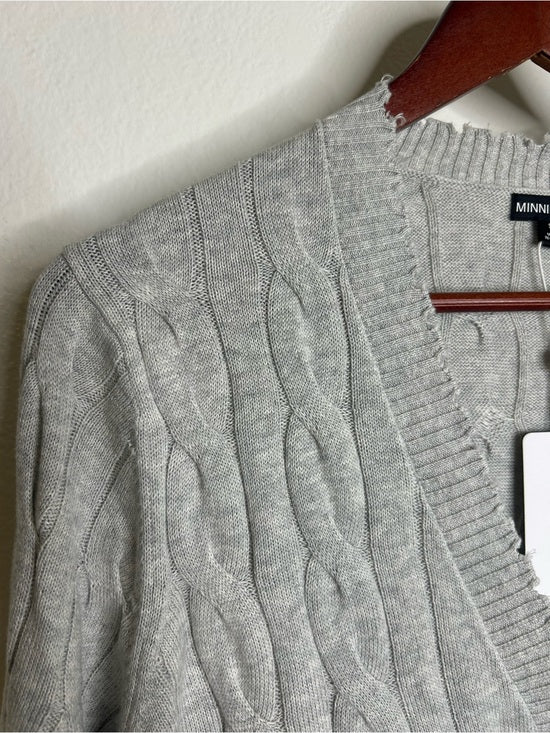 Minnie Rose 100% Cotton Heather Gray Cable Knit Distressed Button Down Cardigan