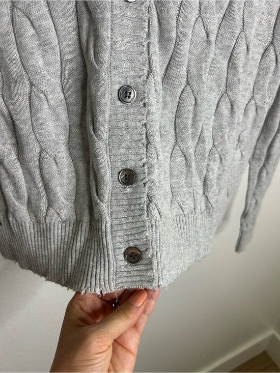 Minnie Rose 100% Cotton Heather Gray Cable Knit Distressed Button Down Cardigan