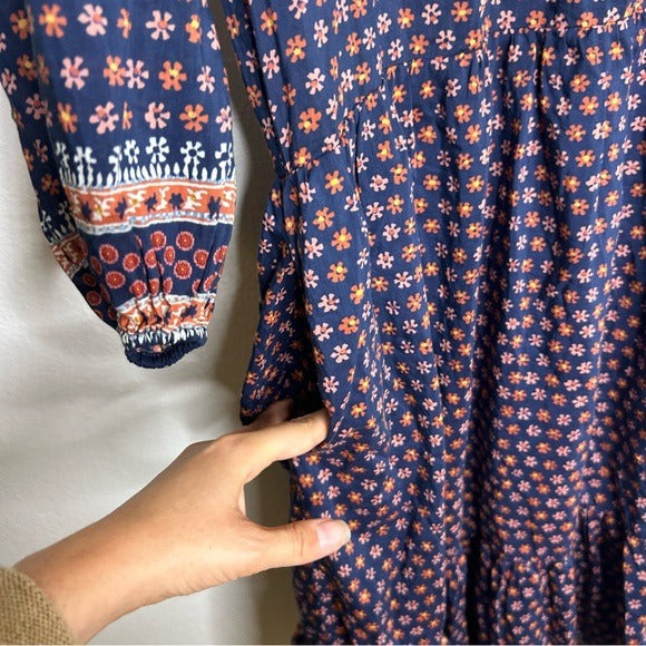 Trovata Cotton Silk Floral Long Sleeve Loose Fit Midi Dress