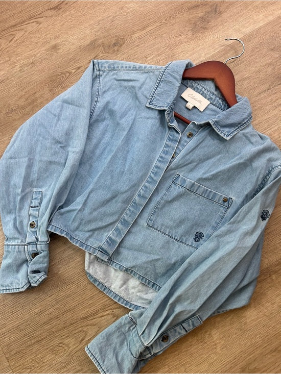 Cleobella Cleobella 100% Organic Cotton Denim Long Sleeve Cropped Button Down Top - Denim, Cotton