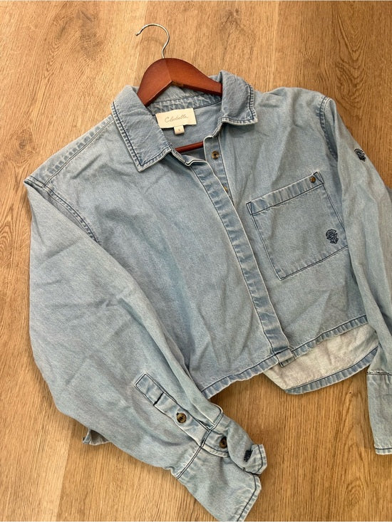 Cleobella Cleobella 100% Organic Cotton Denim Long Sleeve Cropped Button Down Top - Denim, Cotton
