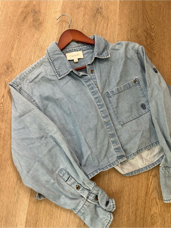 Cleobella Cleobella 100% Organic Cotton Denim Long Sleeve Cropped Button Down Top - Denim, Cotton