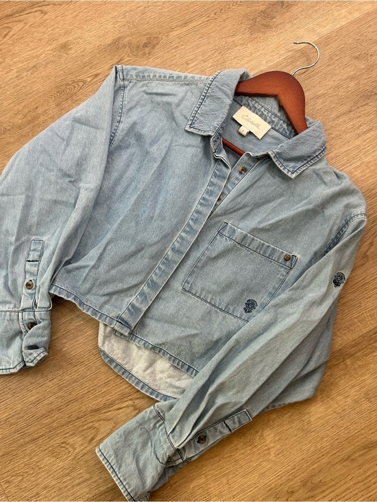 Cleobella Cleobella 100% Organic Cotton Denim Long Sleeve Cropped Button Down Top - Denim, Cotton