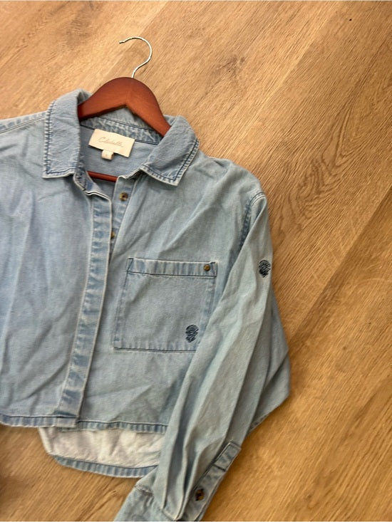 Cleobella Cleobella 100% Organic Cotton Denim Long Sleeve Cropped Button Down Top - Denim, Cotton