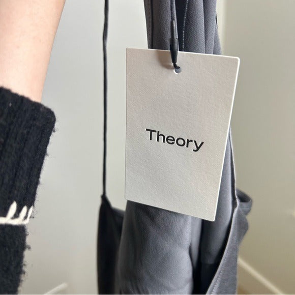 Theory 100% Silk Draped Back Slit Top Vintage Satin Gray