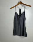 Theory 100% Silk Draped Back Slit Top Vintage Satin Gray