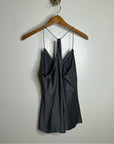 Theory 100% Silk Draped Back Slit Top Vintage Satin Gray