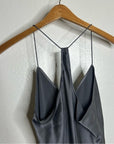 Theory 100% Silk Draped Back Slit Top Vintage Satin Gray
