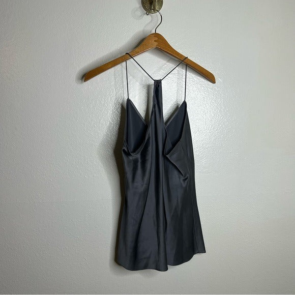 Theory 100% Silk Draped Back Slit Top Vintage Satin Gray