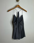 Theory 100% Silk Draped Back Slit Top Vintage Satin Gray