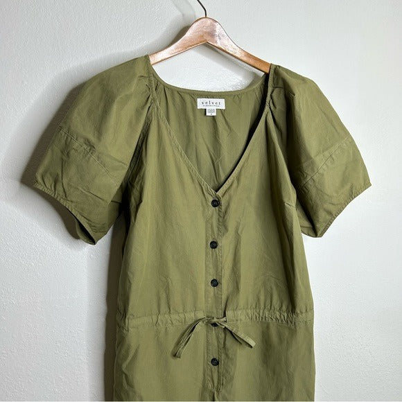 Anthropologie Velvet By Graham &amp;amp; Spencer 100% Cotton Green Puff Sleeve Straight Leg Jumpsuit - Cotton