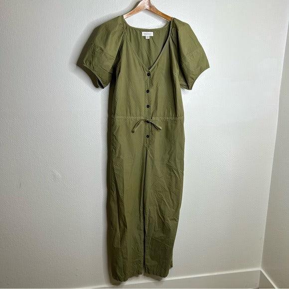 Anthropologie Velvet By Graham &amp;amp; Spencer 100% Cotton Green Puff Sleeve Straight Leg Jumpsuit - Cotton