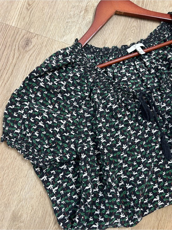 Joie 100% Silk Rabbit Carrot Novelty Print Puff Sleeve Short Sleeve Blouse Top
