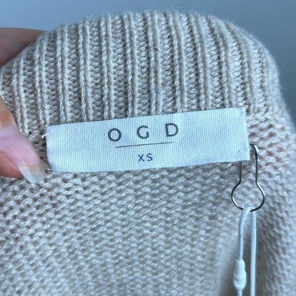 One Grey Day 100% Cashmere Tan Pink Crochet V - Neck Tunic Oversized Sweater