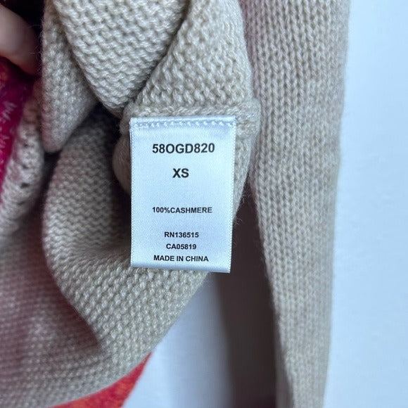 One Grey Day 100% Cashmere Tan Pink Crochet V - Neck Tunic Oversized Sweater