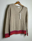 One Grey Day 100% Cashmere Tan Pink Crochet V - Neck Tunic Oversized Sweater