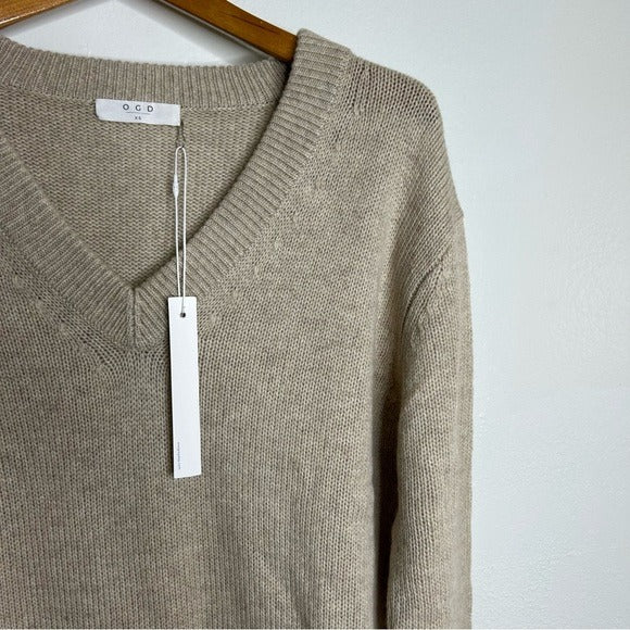 One Grey Day One Grey Day 100% Cashmere Tan Pink Crochet V - Neck Tunic Oversized Sweater - Cashmere