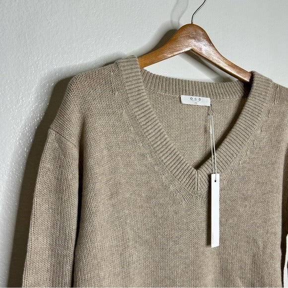 One Grey Day 100% Cashmere Tan Pink Crochet V - Neck Tunic Oversized Sweater