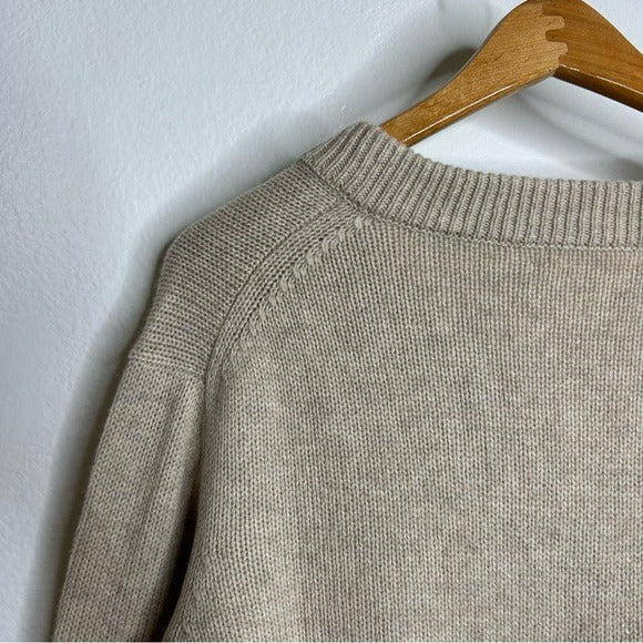 One Grey Day 100% Cashmere Tan Pink Crochet V - Neck Tunic Oversized Sweater