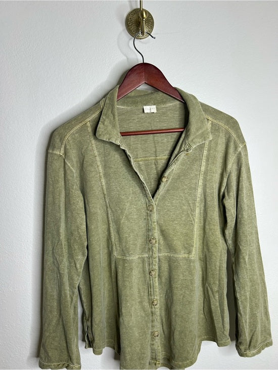 Poetry Hemp Organic Cotton Green Button Down Lightweight Long Sleeve Top