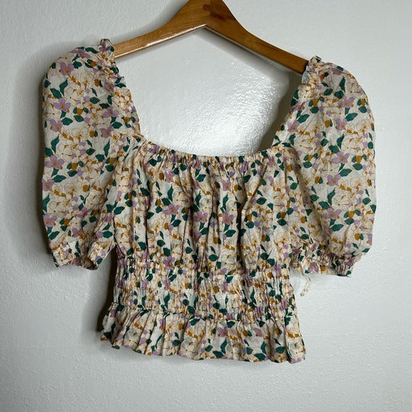Trovata Trovata 100% Cotton Ruched Floral Babydoll Puff Sleeve Blouse - Cotton
