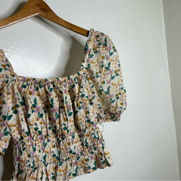 Trovata 100% Cotton Ruched Floral Babydoll Puff Sleeve Blouse