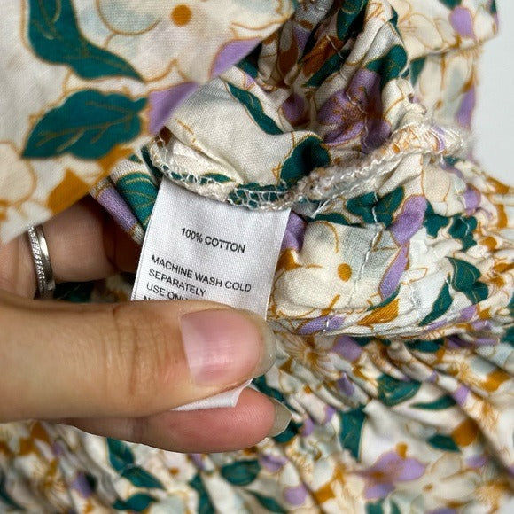 Trovata 100% Cotton Ruched Floral Babydoll Puff Sleeve Blouse