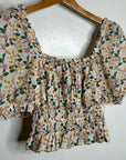 Trovata 100% Cotton Ruched Floral Babydoll Puff Sleeve Blouse