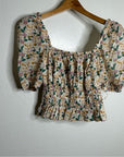 Trovata 100% Cotton Ruched Floral Babydoll Puff Sleeve Blouse