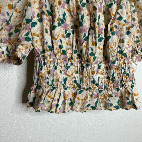 Trovata Trovata 100% Cotton Ruched Floral Babydoll Puff Sleeve Blouse - Cotton