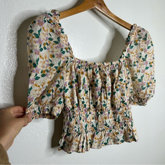 Trovata Trovata 100% Cotton Ruched Floral Babydoll Puff Sleeve Blouse - Cotton