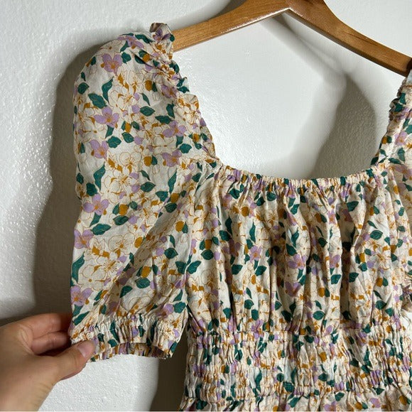 Trovata Trovata 100% Cotton Ruched Floral Babydoll Puff Sleeve Blouse - Cotton