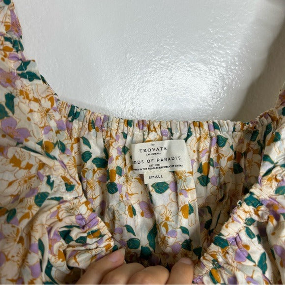 Trovata 100% Cotton Ruched Floral Babydoll Puff Sleeve Blouse