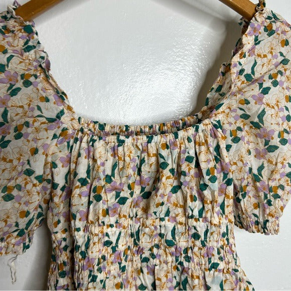 Trovata 100% Cotton Ruched Floral Babydoll Puff Sleeve Blouse