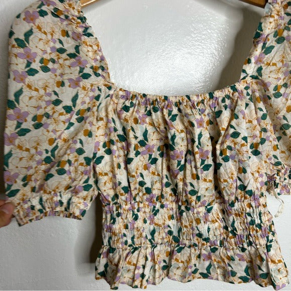 Trovata 100% Cotton Ruched Floral Babydoll Puff Sleeve Blouse