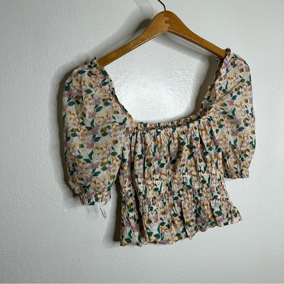 Trovata 100% Cotton Ruched Floral Babydoll Puff Sleeve Blouse