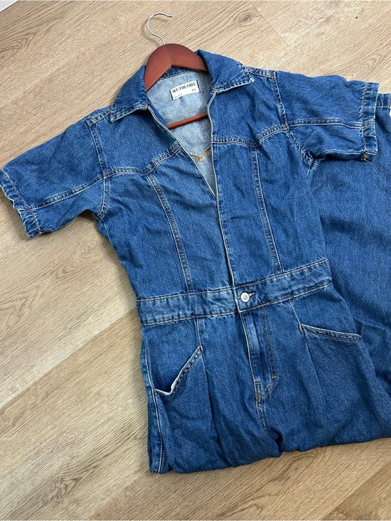 Free People 100% Cotton Marla Straight Leg Short Sleeve Denim Jumpsuit