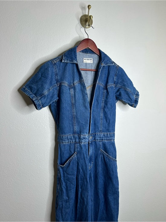 Free People 100% Cotton Marla Straight Leg Short Sleeve Denim Jumpsuit