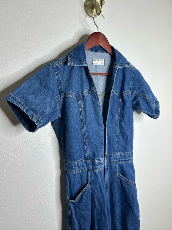 Free People 100% Cotton Marla Straight Leg Short Sleeve Denim Jumpsuit