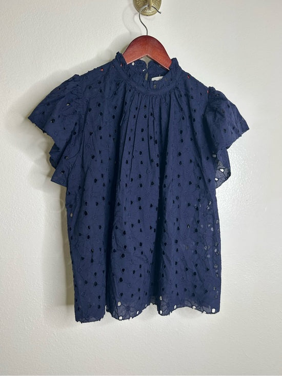 Trovata Trovata 100% Cotton Carla High Neck Navy Blue Eyelet Short Sleeve Blouse - Cotton