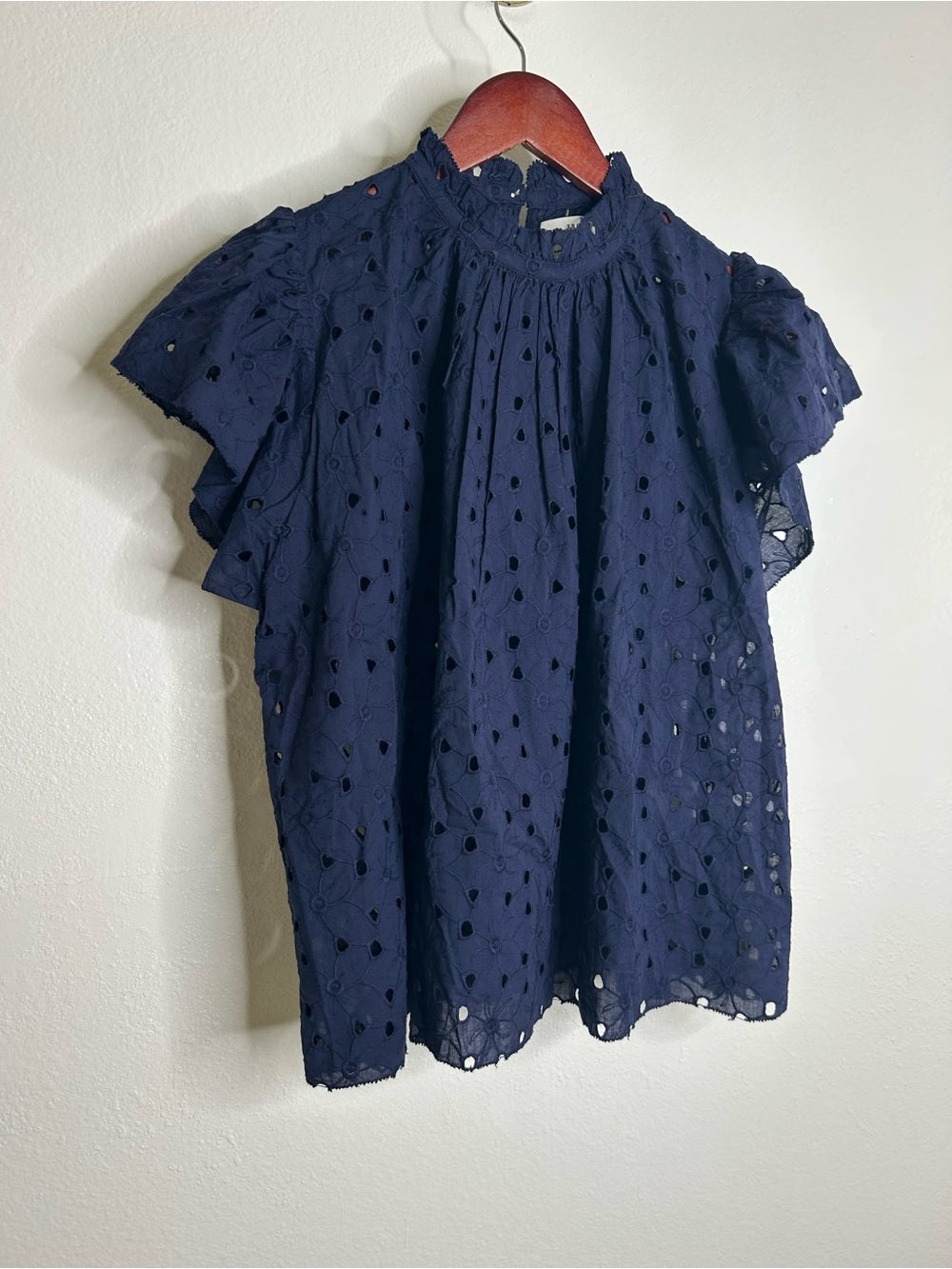 Trovata Trovata 100% Cotton Carla High Neck Navy Blue Eyelet Short Sleeve Blouse - Cotton