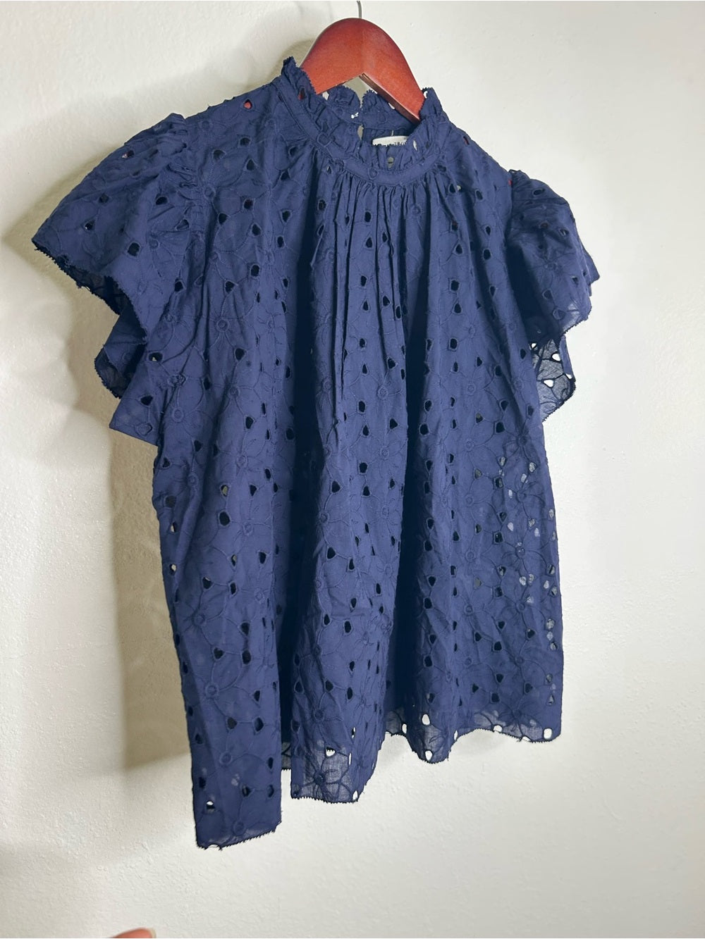 Trovata Trovata 100% Cotton Carla High Neck Navy Blue Eyelet Short Sleeve Blouse - Cotton
