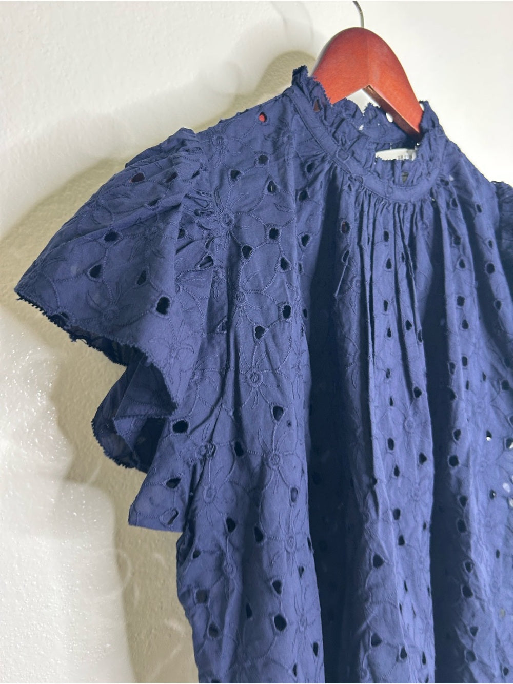 Trovata Trovata 100% Cotton Carla High Neck Navy Blue Eyelet Short Sleeve Blouse - Cotton