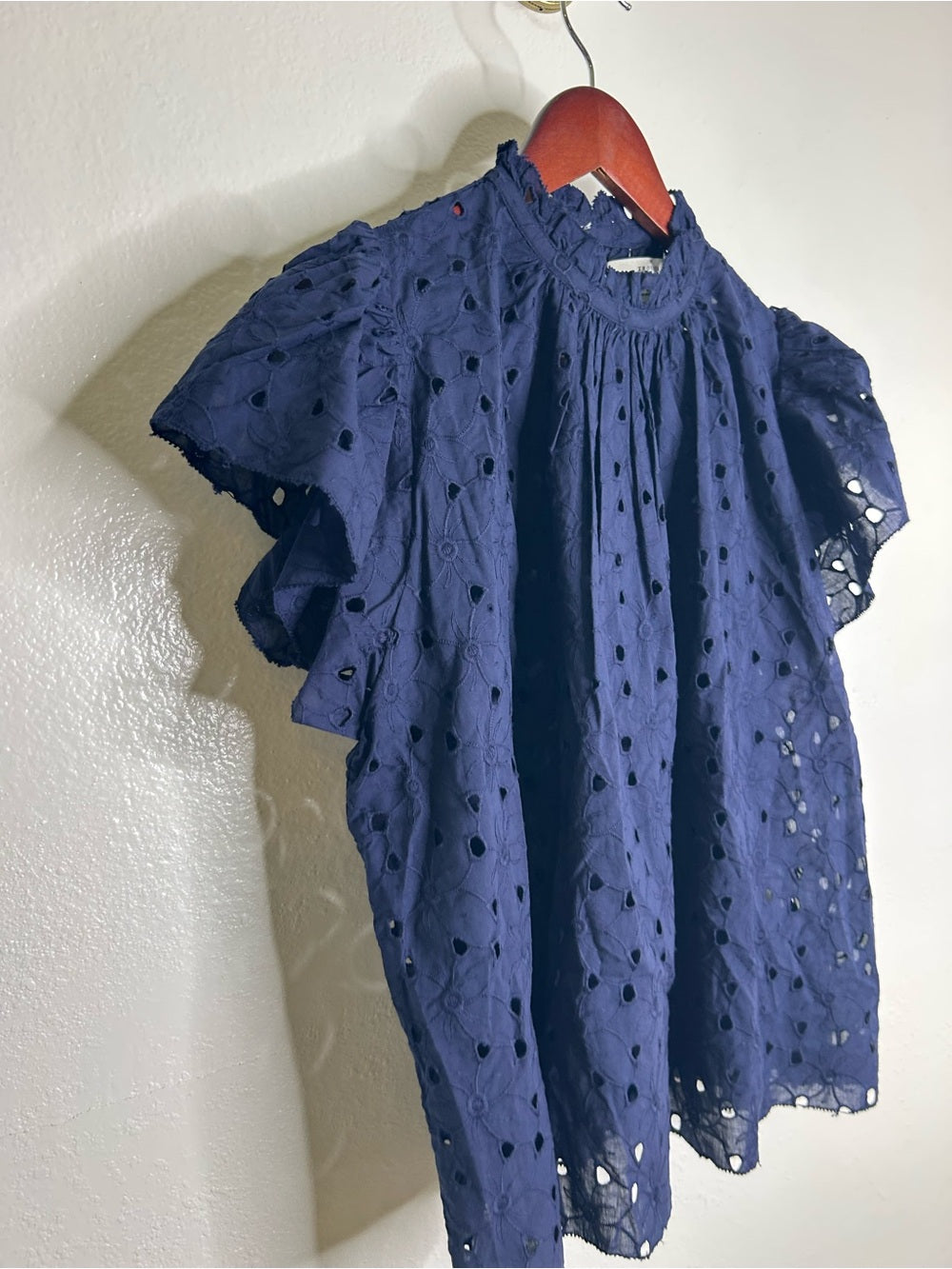 Trovata Trovata 100% Cotton Carla High Neck Navy Blue Eyelet Short Sleeve Blouse - Cotton