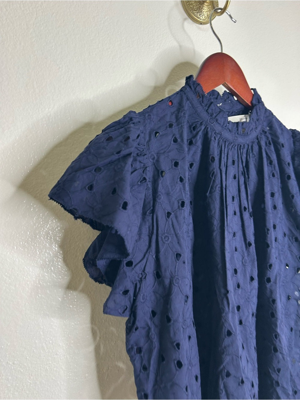 Trovata Trovata 100% Cotton Carla High Neck Navy Blue Eyelet Short Sleeve Blouse - Cotton