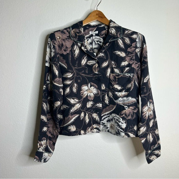 Unsubscribed Unsubscribed 100% Silk Black Floral Pajama Set Cropped Top Wide Leg Pant - Silk