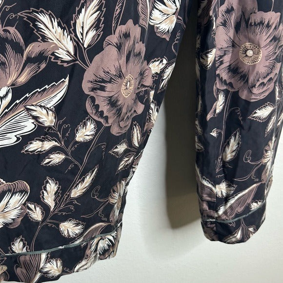 Unsubscribed 100% Silk Black Floral Pajama Set Cropped Top Wide Leg Pant