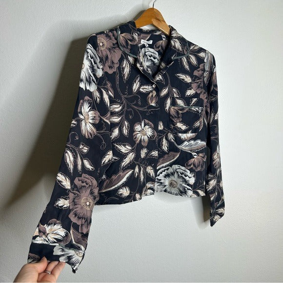 Unsubscribed Unsubscribed 100% Silk Black Floral Pajama Set Cropped Top Wide Leg Pant - Silk