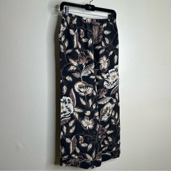 Unsubscribed Unsubscribed 100% Silk Black Floral Pajama Set Cropped Top Wide Leg Pant - Silk