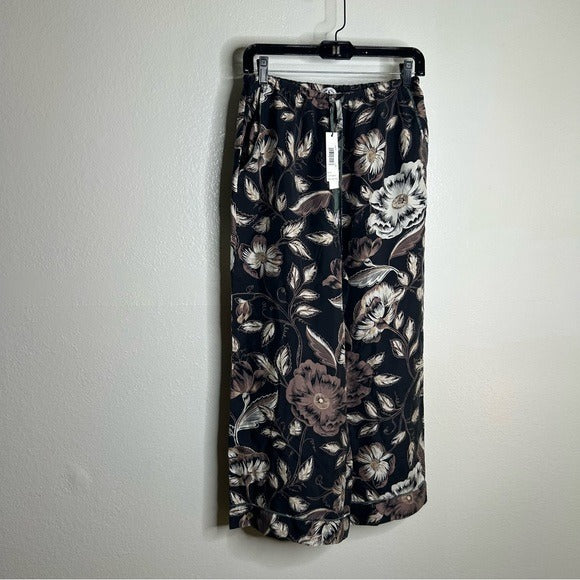 Unsubscribed Unsubscribed 100% Silk Black Floral Pajama Set Cropped Top Wide Leg Pant - Silk
